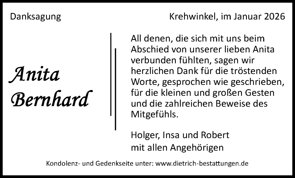  Traueranzeige für Anita Bernhard vom 13.01.2026 aus Waiblinger Kreiszeitung