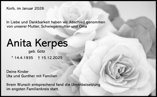 Traueranzeige von Anita Kerpes von Waiblinger Kreiszeitung