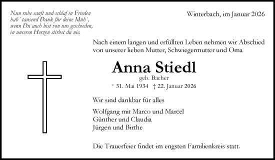 Traueranzeige von Anna Stiedl von Waiblinger Kreiszeitung