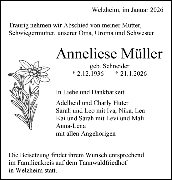 Traueranzeige von Anneliese Müller von Waiblinger Kreiszeitung