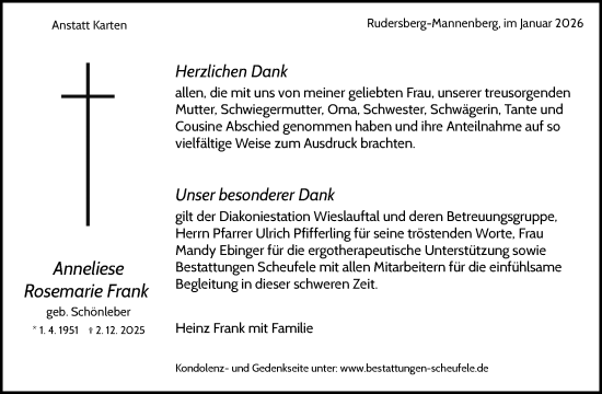 Traueranzeige von Anneliese Rosemarie Frank von Waiblinger Kreiszeitung