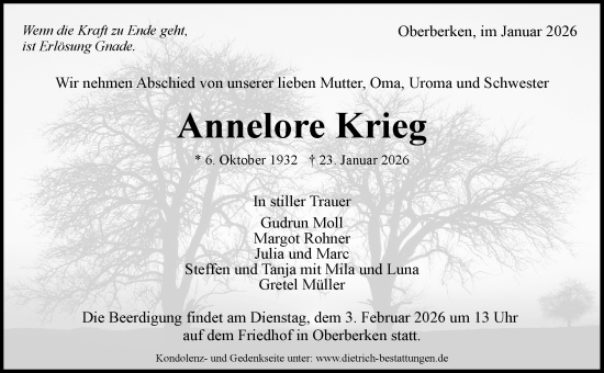 Traueranzeige von Annelore Krieg von Waiblinger Kreiszeitung