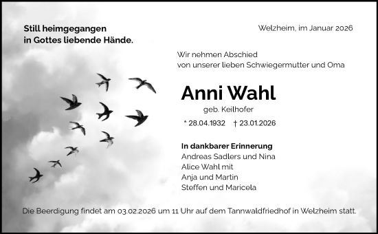 Traueranzeige von Anni Wahl von Waiblinger Kreiszeitung