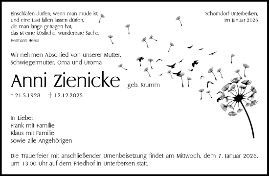 Traueranzeige von Anni Zienicke von Waiblinger Kreiszeitung