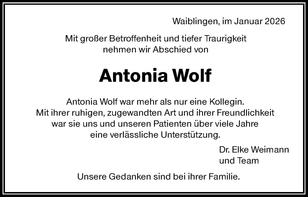  Traueranzeige für Antonia Wolf vom 16.01.2026 aus Waiblinger Kreiszeitung