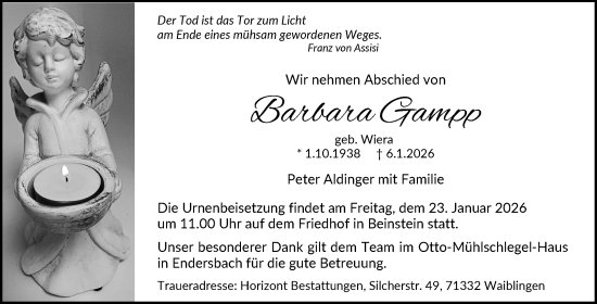 Traueranzeige von Barbara Gampp von Waiblinger Kreiszeitung