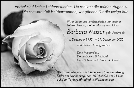 Traueranzeige von Barbara Mazur von Waiblinger Kreiszeitung