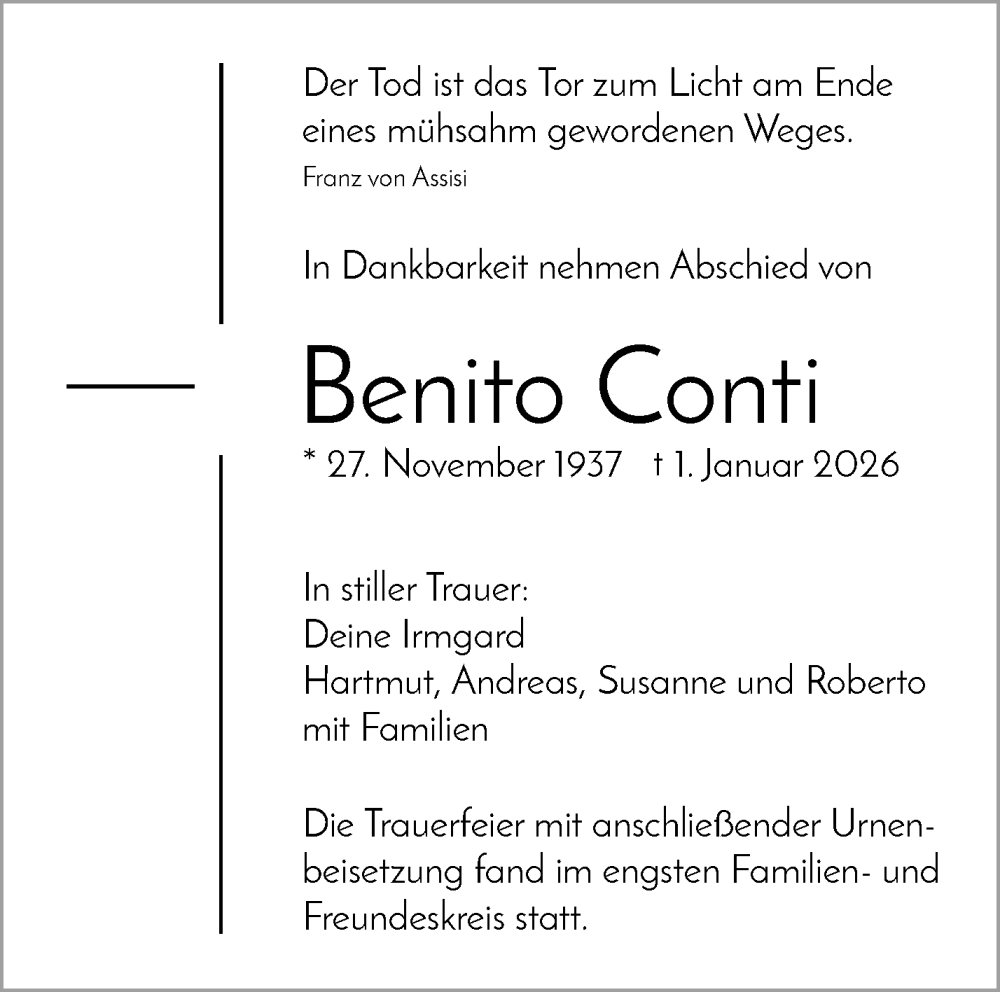  Traueranzeige für Benito Conti vom 24.01.2026 aus Waiblinger Kreiszeitung