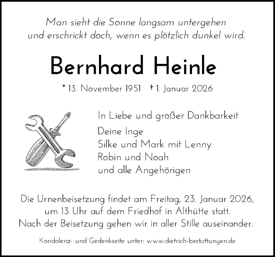 Traueranzeige von Bernhard Heinle von Waiblinger Kreiszeitung