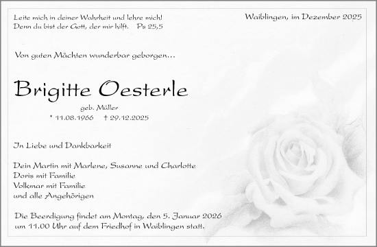 Traueranzeige von Brigitte Oesterle von Waiblinger Kreiszeitung