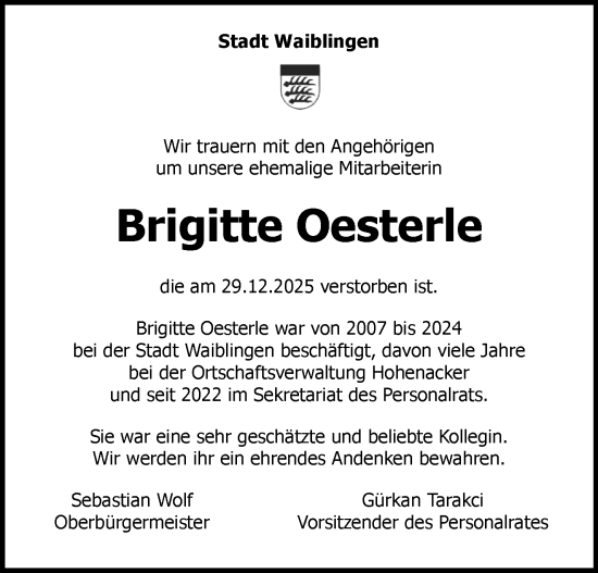 Traueranzeige von Brigitte Oesterle von Waiblinger Kreiszeitung