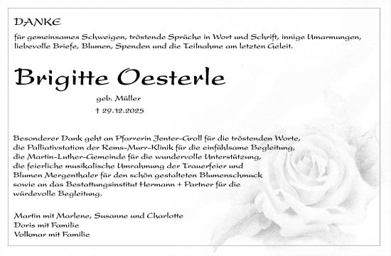 Traueranzeige von Brigitte Oesterle von Waiblinger Kreiszeitung