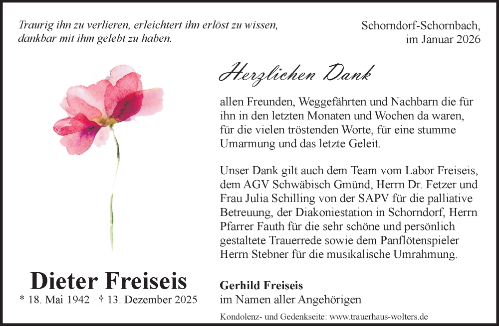  Traueranzeige für Dieter Freiseis vom 17.01.2026 aus Waiblinger Kreiszeitung
