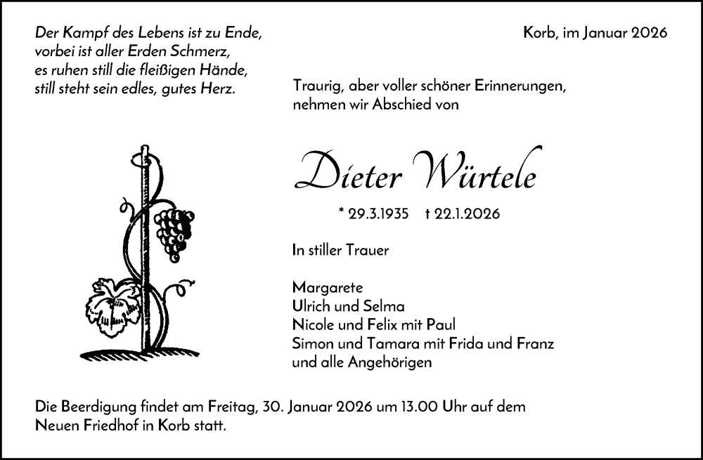  Traueranzeige für Dieter Würtele vom 24.01.2026 aus Waiblinger Kreiszeitung