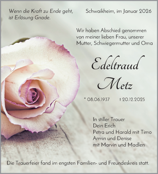 Traueranzeige von Edeltraud Metz von Waiblinger Kreiszeitung