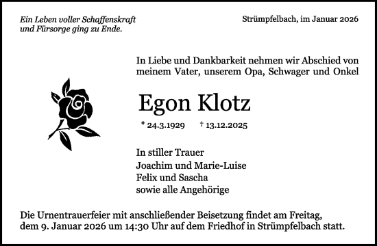 Traueranzeige von Egon Klotz von Waiblinger Kreiszeitung
