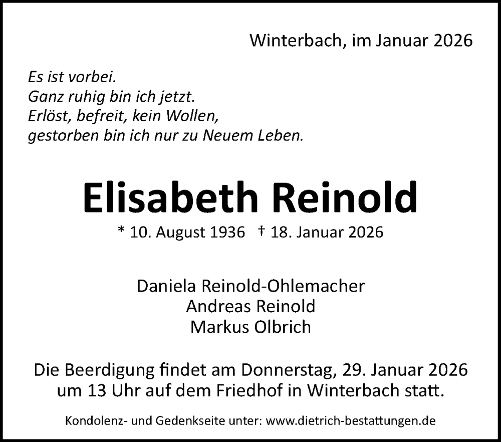  Traueranzeige für Elisabeth Reinold vom 24.01.2026 aus Waiblinger Kreiszeitung