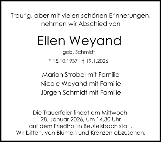 Traueranzeige von Ellen Weyand von Waiblinger Kreiszeitung