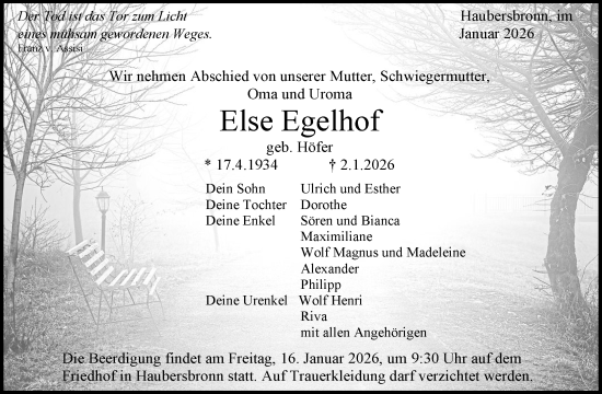 Traueranzeige von Else Egelhof von Waiblinger Kreiszeitung