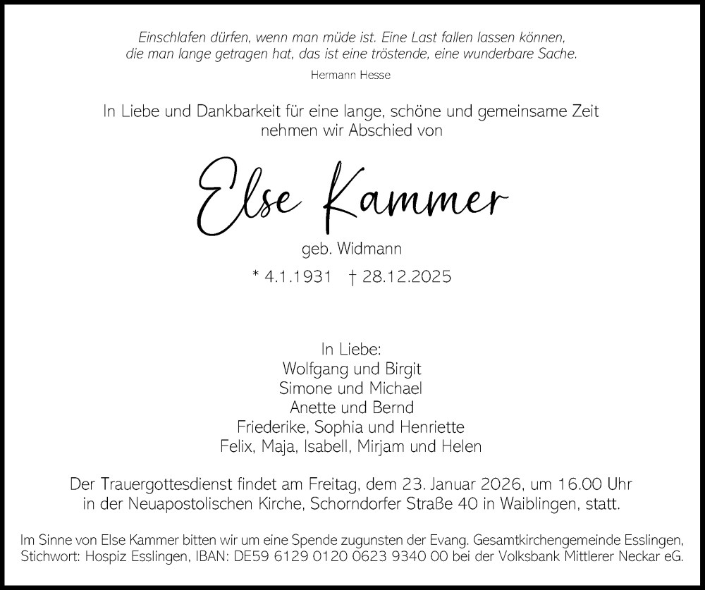  Traueranzeige für Else Kammer vom 17.01.2026 aus Waiblinger Kreiszeitung