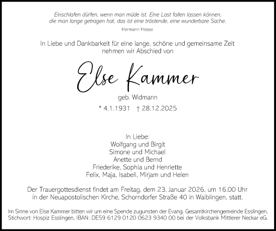 Traueranzeige von Else Kammer von Waiblinger Kreiszeitung