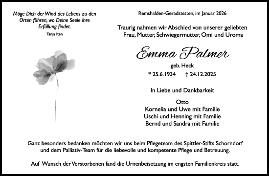 Traueranzeige von Emma Palmer von Waiblinger Kreiszeitung