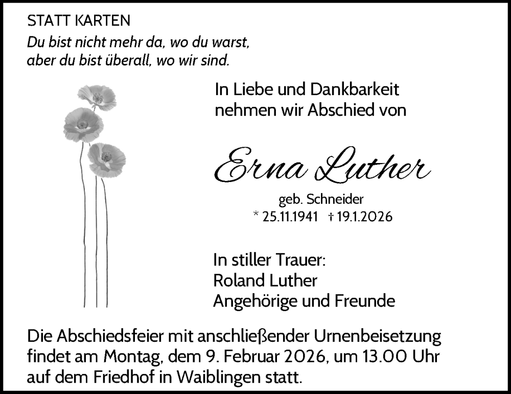  Traueranzeige für Erna Luther vom 31.01.2026 aus Waiblinger Kreiszeitung