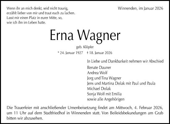 Traueranzeige von Erna Wagner von Waiblinger Kreiszeitung