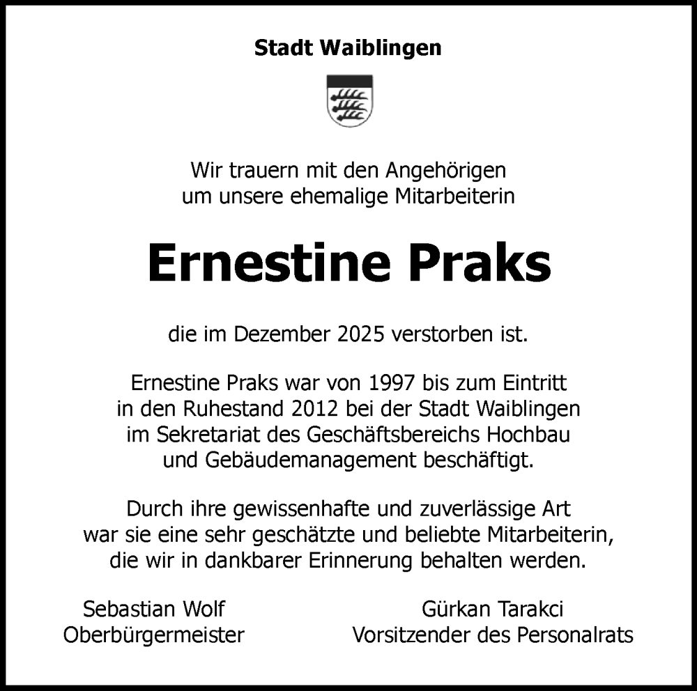  Traueranzeige für Ernestine Praks vom 10.01.2026 aus Waiblinger Kreiszeitung