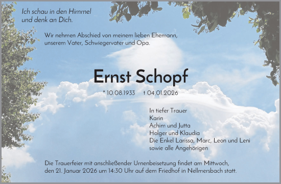 Traueranzeige von Ernst Schopf von Waiblinger Kreiszeitung