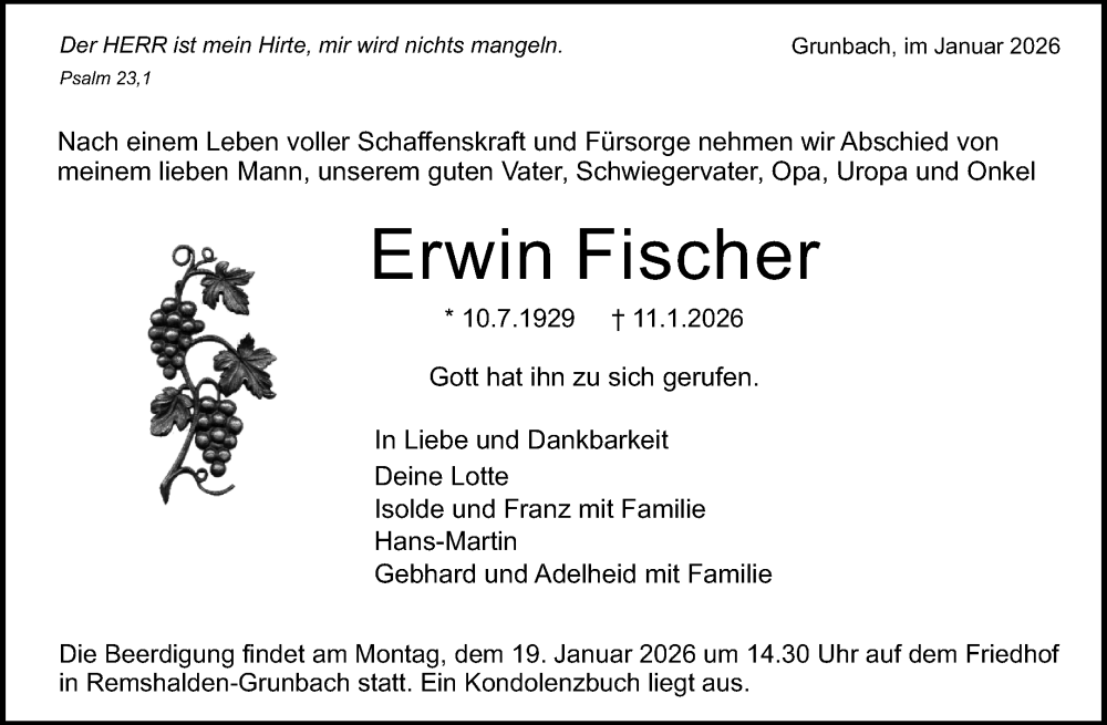  Traueranzeige für Erwin Fischer vom 15.01.2026 aus Waiblinger Kreiszeitung