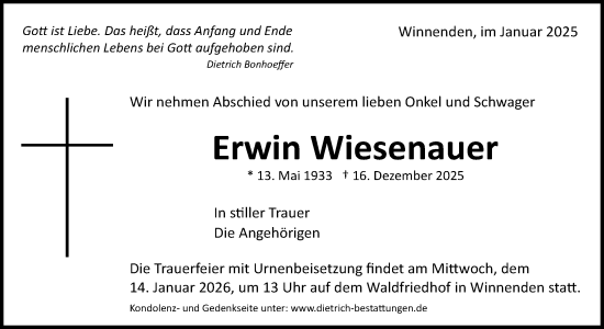 Traueranzeige von Erwin Wiesenauer von Waiblinger Kreiszeitung
