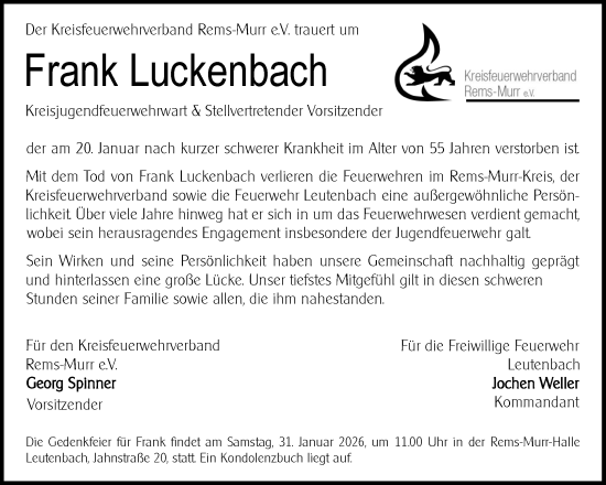 Traueranzeige von Frank Luckenbach von Waiblinger Kreiszeitung
