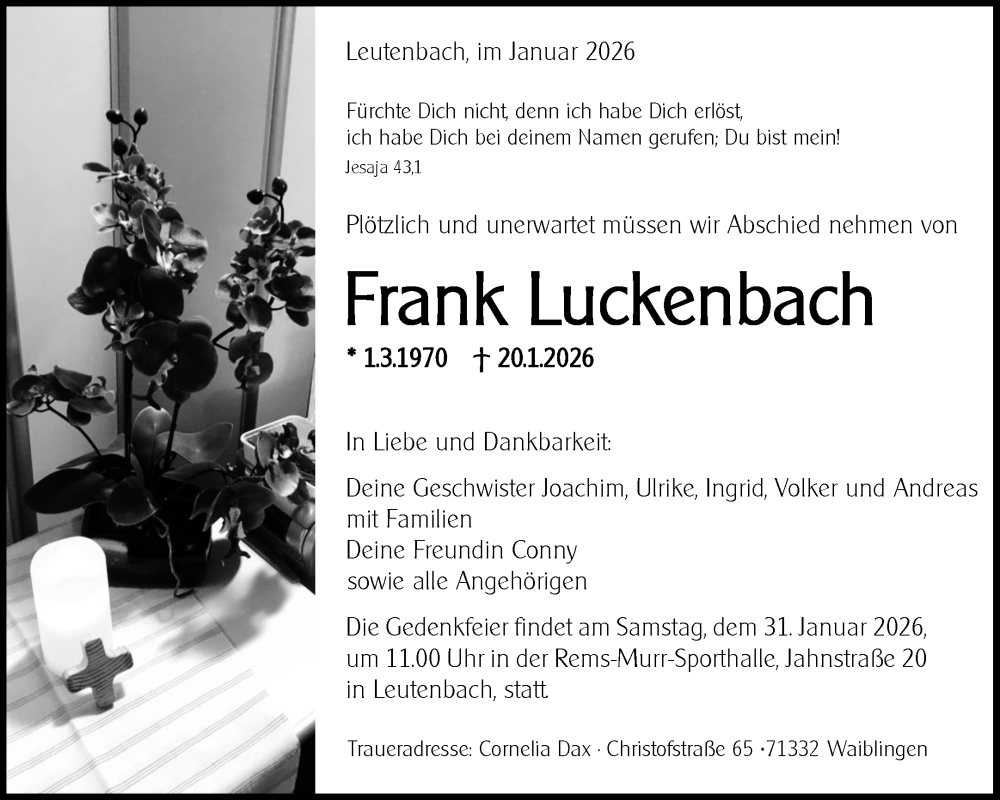  Traueranzeige für Frank Luckenbach vom 24.01.2026 aus Waiblinger Kreiszeitung