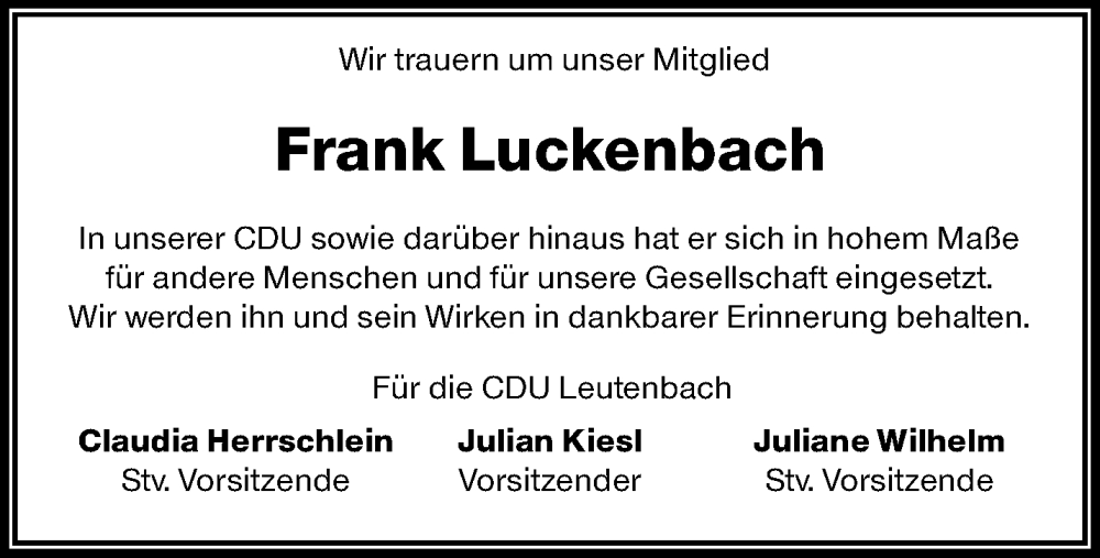  Traueranzeige für Frank Luckenbach vom 27.01.2026 aus Waiblinger Kreiszeitung