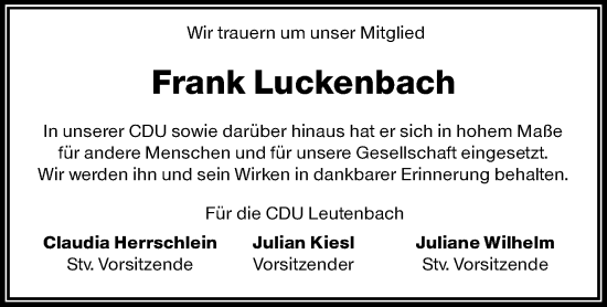 Traueranzeige von Frank Luckenbach von Waiblinger Kreiszeitung