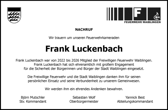 Traueranzeige von Frank Luckenbach von Waiblinger Kreiszeitung