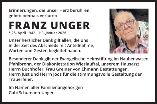 Traueranzeige von Franz Unger von Waiblinger Kreiszeitung