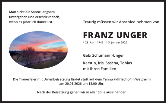 Traueranzeige von Franz Unger von Waiblinger Kreiszeitung