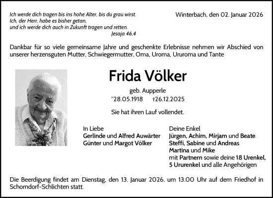 Traueranzeige von Frida Völker von Waiblinger Kreiszeitung