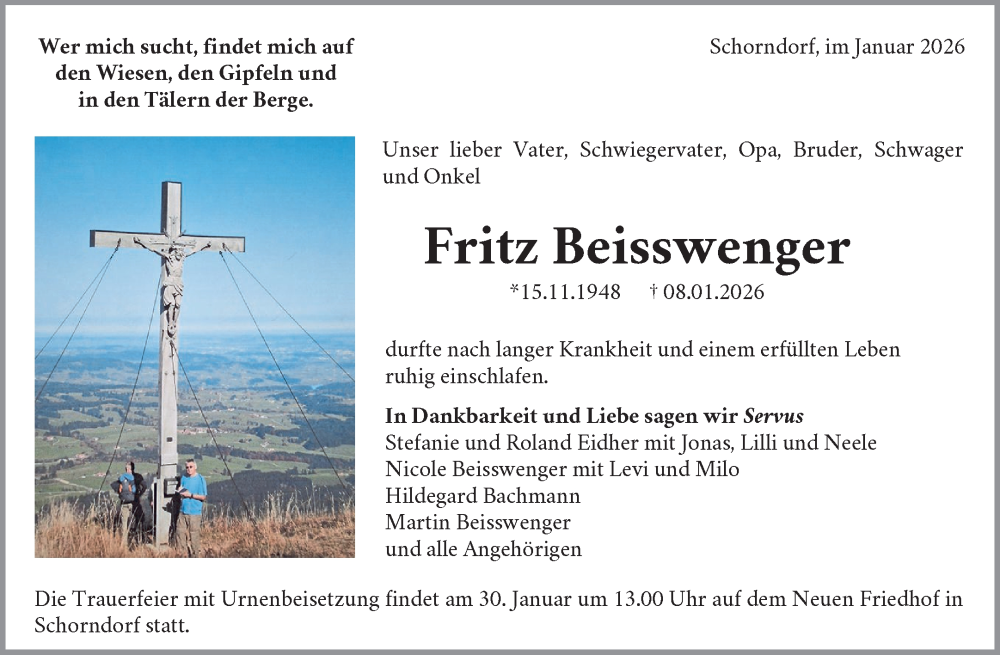  Traueranzeige für Fritz Beisswenger vom 15.01.2026 aus Waiblinger Kreiszeitung