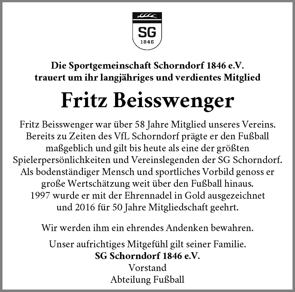  Traueranzeige für Fritz Beisswenger vom 16.01.2026 aus Waiblinger Kreiszeitung