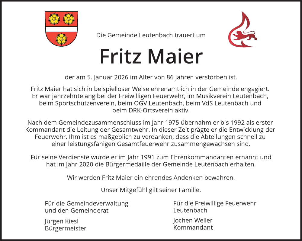  Traueranzeige für Fritz Maier vom 17.01.2026 aus Waiblinger Kreiszeitung