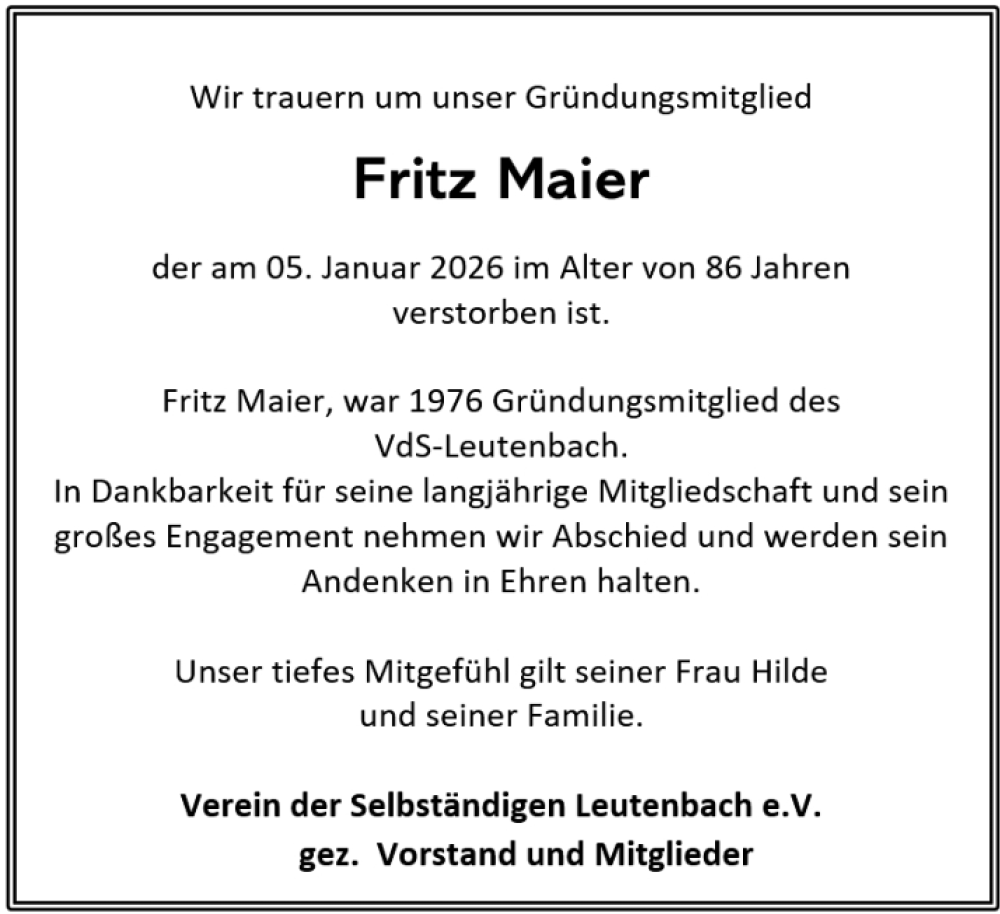  Traueranzeige für Fritz Maier vom 20.01.2026 aus Waiblinger Kreiszeitung