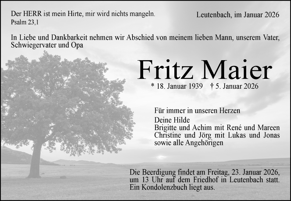  Traueranzeige für Fritz Maier vom 17.01.2026 aus Waiblinger Kreiszeitung