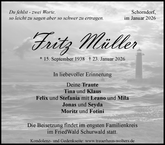 Traueranzeige von Fritz Müller von Waiblinger Kreiszeitung