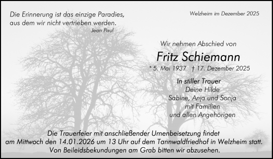 Traueranzeige von Fritz Schiemann von Waiblinger Kreiszeitung