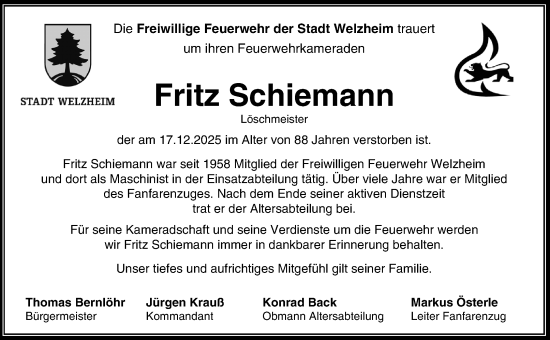 Traueranzeige von Fritz Schiemann von Waiblinger Kreiszeitung