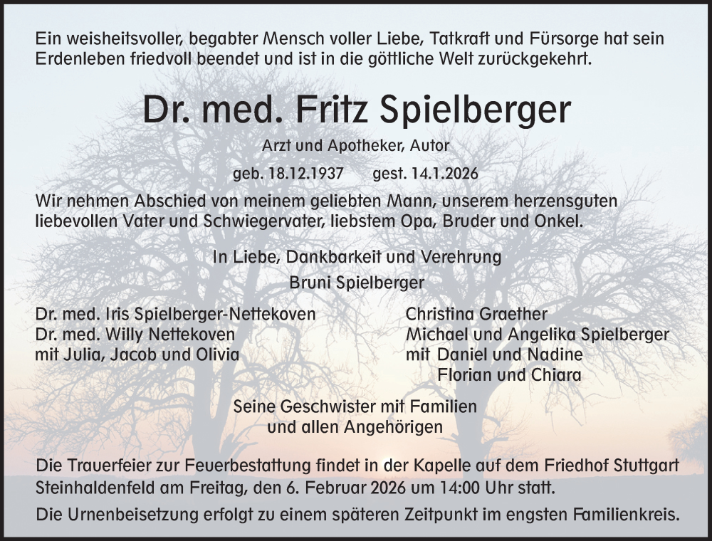  Traueranzeige für Fritz Spielberger vom 31.01.2026 aus Waiblinger Kreiszeitung