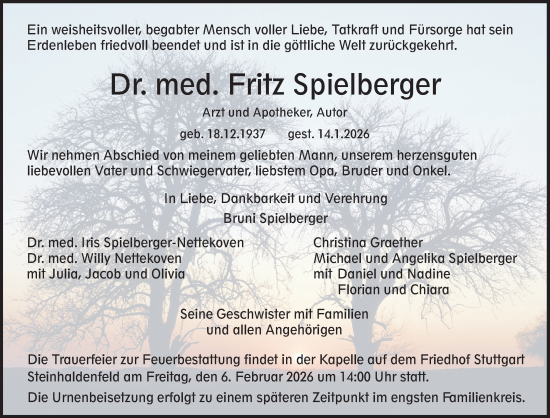 Traueranzeige von Fritz Spielberger von Waiblinger Kreiszeitung